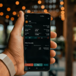 Hand holding a smartphone showing a stock trading app