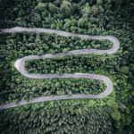 Aerial view of a winding road cutting through a dense green forest