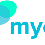 Logo of the brand "myo" in turquoise with overlapping circular shapes.