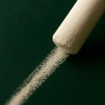 Macro view of white chalk drawing a line on a green chalkboard surface.