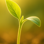 Close-up of a young green plant sprouting with warm golden sunlight in the background.
