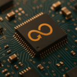 Close-up of a computer chip with a gold infinity arrow icon symbolizing circular economy.