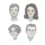 Illustrated portraits of four team founders of Specialsitter, two men and two women, in soft pastel tones