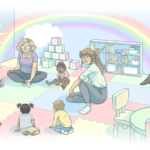 Illustration of caregivers and children in a colorful playroom.