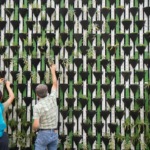 Two people tending a vertical garden with many small black plant pots.