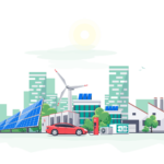 Illustrated cityscape with solar panels, wind turbines, electric car, and battery storage.